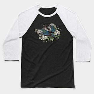 Magpie bird flower embroider Baseball T-Shirt